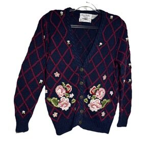 Vintage Marisa Christina Women M Knitted Embroidered Floral Cottagecore Cardigan